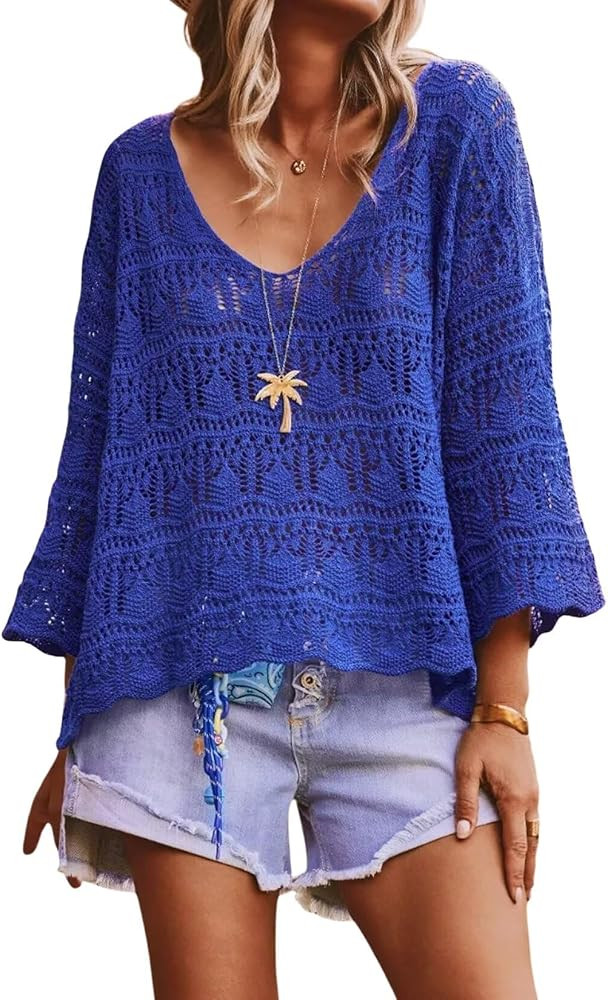 Allimy Womens Summer Spring 3/4 Sleeves Crochet Oversized Sweater for Women 2026 Beach Resort Wea... | Amazon (US)