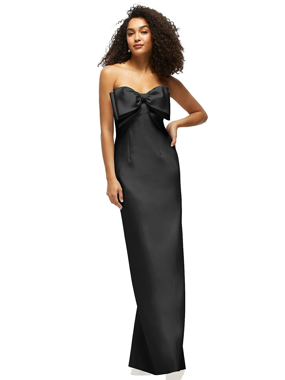Strapless Satin Column Maxi Dress with Oversized Handcrafted Bow in Black | The Dessy Group
