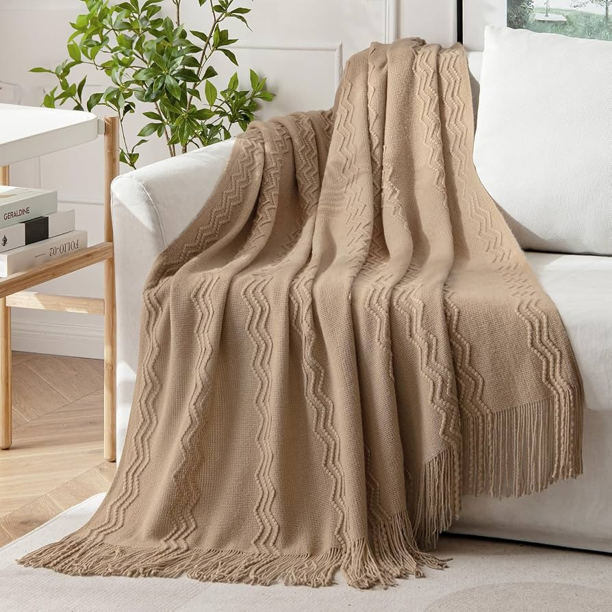 MIULEE Tan Taupe Knitted Throw Blanket for Couch Textured Knit Blanket with Tassels Cozy Woven Boho Bed Blanket for Sofa Bed Chair Acrylic Wave Pattern 50"x60" | Amazon (US)