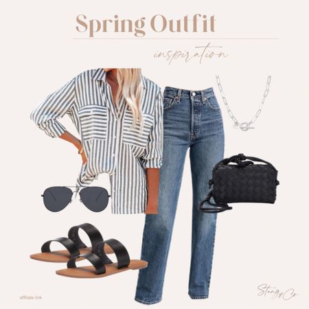 This spring outfit idea includes a striped button up blouse with tall friendly rib cage full length jeans, black slip on sandals, a woven crossbody bag, black aviator sunglasses, and a silver necklace. 

Ootd, spring outfit, summer outfit, casual outfit inspiration, date night, tall friendly jeans, Amazon fashion 

#LTKstyletip #LTKshoecrush #LTKfindsunder50