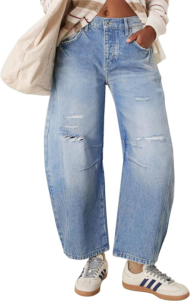 Qazel Vorrlon Womens Ripped Barrel Jeans Stretch Y2K 2025 Trendy High Waisted Baggy Boyfriend Wid... | Amazon (US)