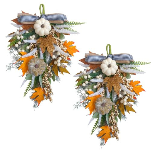 CIR OASES 2PCS Fall Teardrop Swags 20inch Thanksgiving Wreath, Eucalyptus Berries Pumpkins Lamb Ears Leaves Autumn Wreaths for Front Door, Fall Decor, Porch Wall, Home Outdoor Holiday Decorations (C) | Amazon (US)