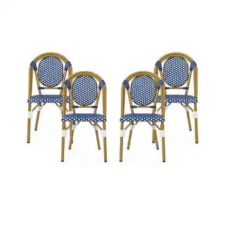 Remi Outdoor French Bistro Chairs (Set of 4) by Christopher Knight Home (Blue + White + Bamboo Print | Bed Bath & Beyond