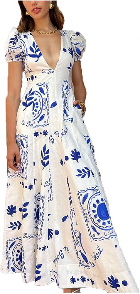 Womens Summer Maxi Dress Puff Short Sleeve Sexy V Neck Floral Casual Dresses with Pockets | Amazon (US)