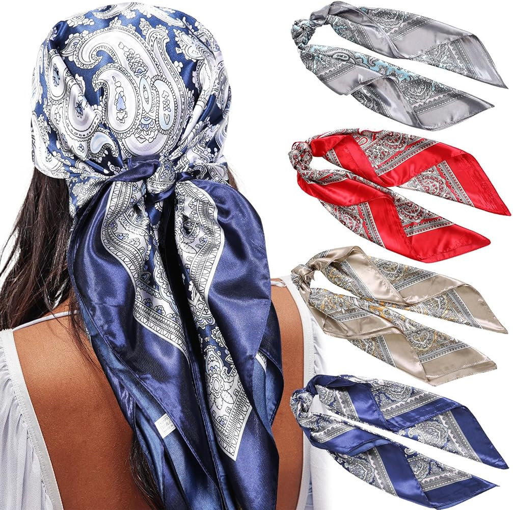 AWAYTR 35” Satin Large Square Head Scarves - 4PCS Silk Like Neck Scarf Hair Sleeping Wraps Sati... | Amazon (US)