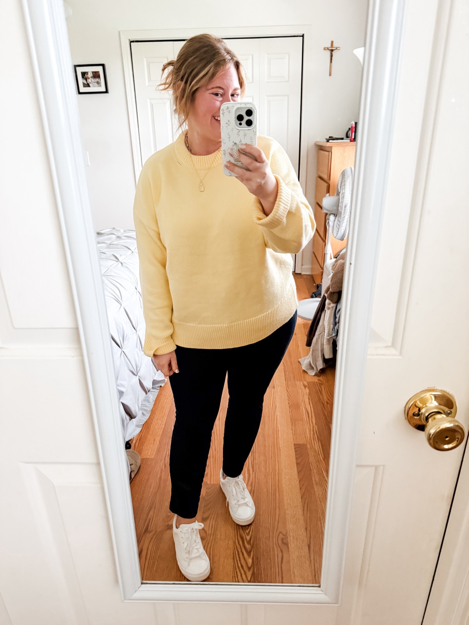 Wearing a large in my yellow sweater (15% cashmere and comes in other colors too!) and a 16 petite in my old navy pixie pants 

#LTKSeasonal #LTKMidsize #LTKWorkwear