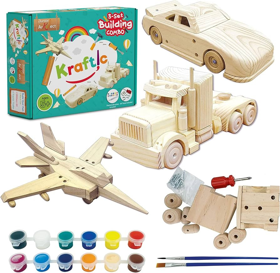 Kraftic Woodworking Building Kit for Kids and Adults, 3 Educational DIY Carpentry Construction Wo... | Amazon (US)