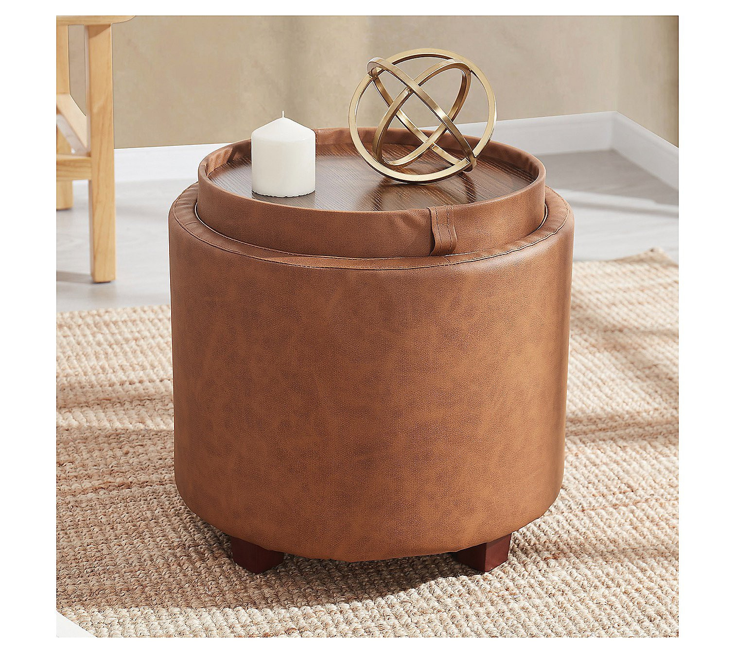 Ornavo Faux Leather Round Storage Ottoman with ray Lid | QVC