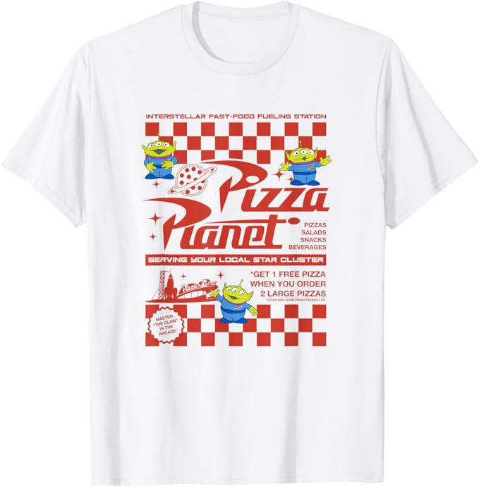 Disney Pixar Toy Story Pizza Planet Iconic Retro Flyer Logo T-Shirt | Amazon (US)
