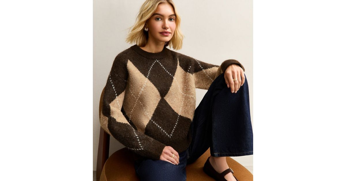 Brown Argyle Pattern Crew Neck Jumper | New Look | New Look (UK)