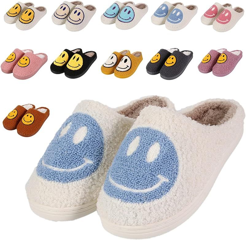 Smiley Face Slippers for Women and Men Retro Soft Fluffy Warm Home Non-Slip Couple Style Casual Shoe | Amazon (US)