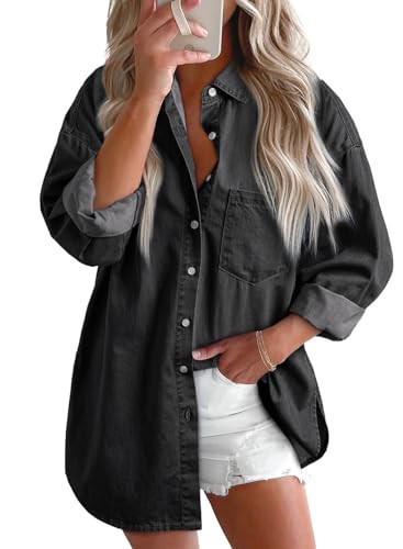 Astylish Womens Button Down Shirts Long Sleeve Denim Blouse Chambray Tops Casual V-Neck Collared Work Western Tunic Summer Thin Jean Shacket with Pockets, Black, XX-Large | Amazon (CA)