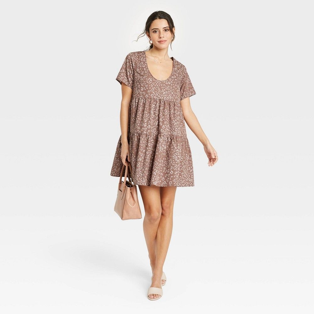 Women's Short Sleeve Tiered Dress - A New Day Brown Leopard Print L | Target