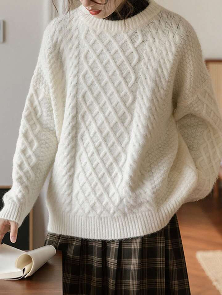 Solid Drop Shoulder Cable Knit Sweater | SHEIN