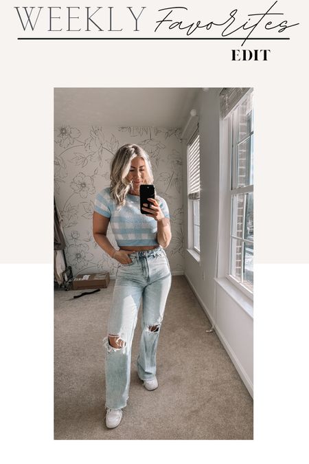 Baby blue and white check cropped short sleeve knit sweater, light wash ripped straight leg jeans, white sneakers, Spring look, weekly favorites

#LTKFind #LTKfit #LTKSeasonal