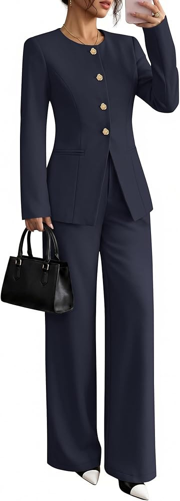 Long Sleeve Blazer Fitted Jacket Wide Leg Pant, Professional Work Office Pantsuits, Formal Set, S... | Amazon (US)