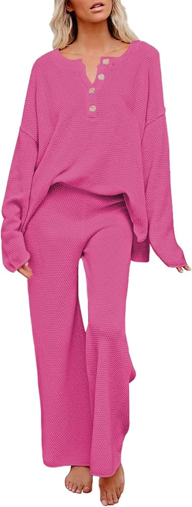 Pink Queen Women's 2 Piece Outfit Set Long Sleeve Button Knit Pullover Sweater Top and Wide Leg P... | Amazon (US)