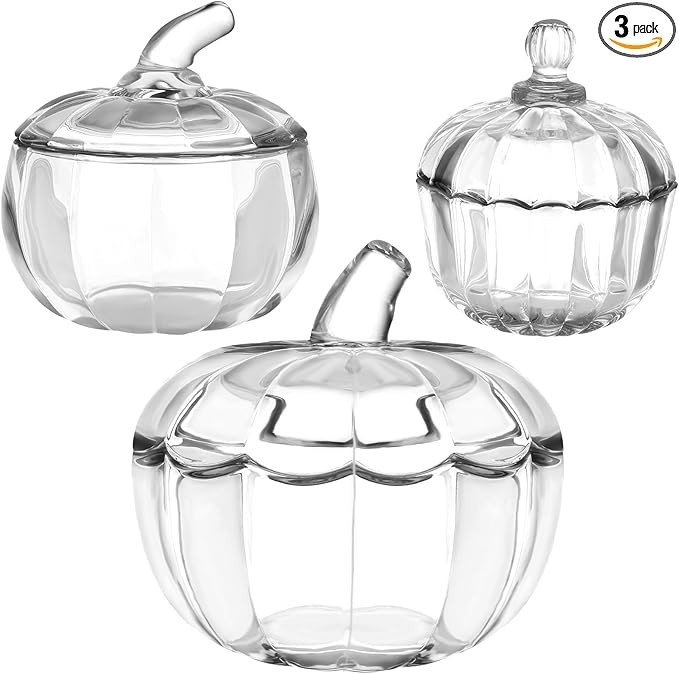 3 Pcs Halloween Pumpkin Candy Jar with Lids Glass Candy Bowl Cute Clear Cookie Storage Jar Crysta... | Amazon (US)