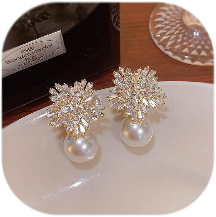 Snowflake Dangle Earrings - Sparkly CZ Pearl Holiday Earrings in Silver & Gold - Perfect for Wome... | Amazon (US)