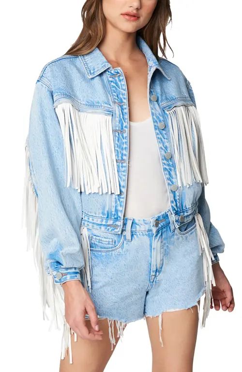 BLANKNYC Faux Leather Fringe Denim Trucker Jacket in Nice Try at Nordstrom, Size Large | Nordstrom