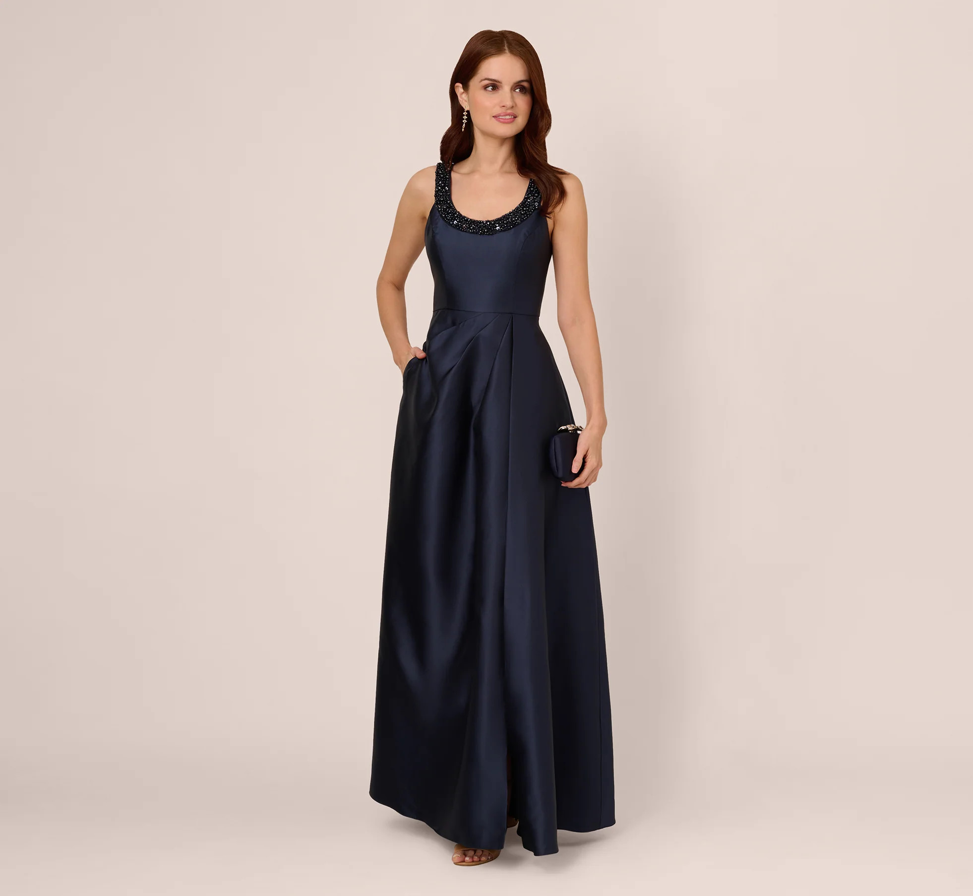 Sleeveless Beaded Mikado Fit And Flare Gown In Midnight | Adrianna Papell