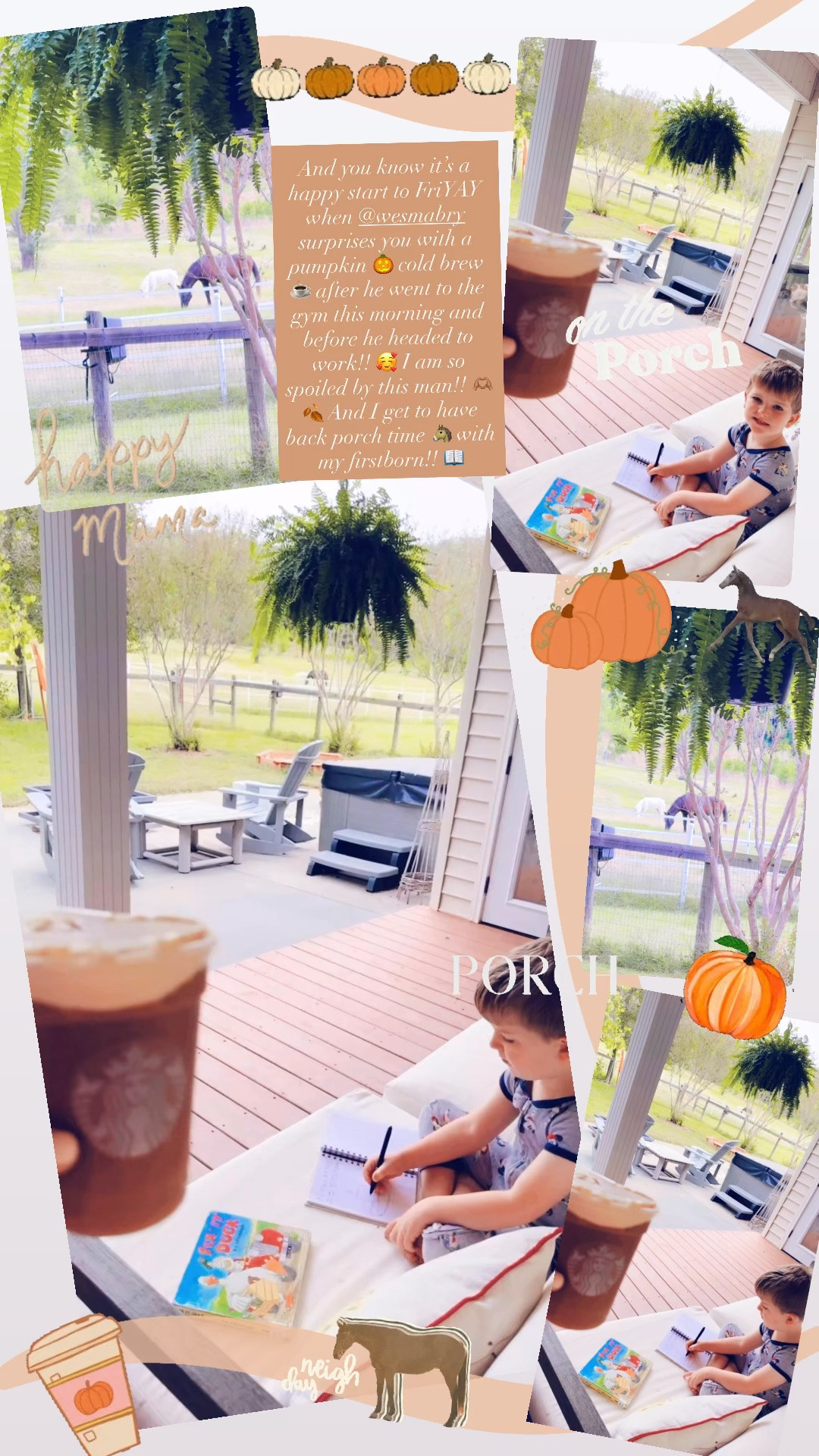 And you know it’s a happy start to FriYAY when @wesmabry surprises you with a pumpkin 🎃 cold brew ☕️ after he went to the gym this morning and before he headed to work!! 🥰 I am so spoiled by this man!! 🫶🏽🍂 And I get to have back porch time 🐴 with my firstborn!! 📖