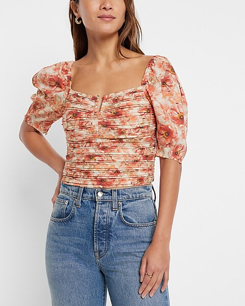 Satin Floral Print Ruched V-Bar Cropped Top | Express