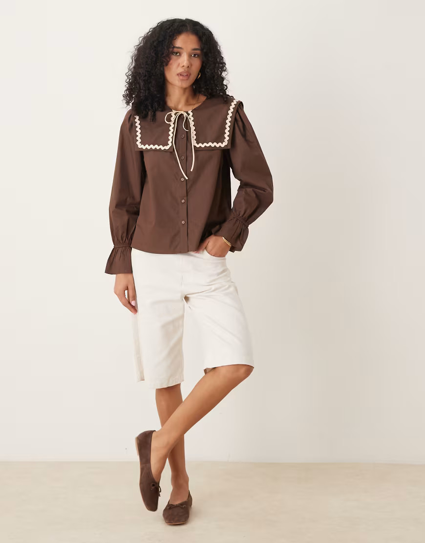 Glamorous poplin shirt with square collar in brown with buttermilk contrast stitching and tie | ASOS (Global)