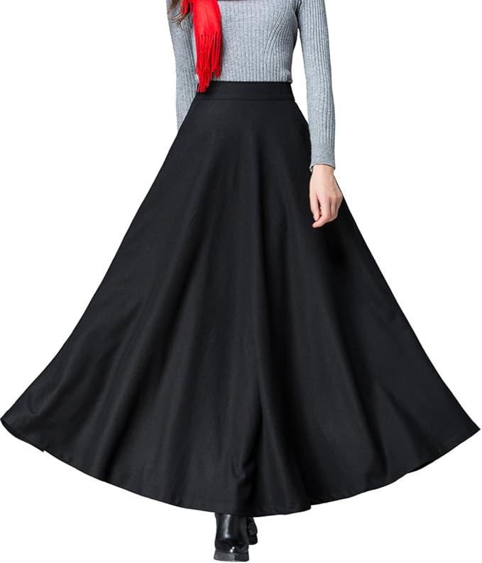 Women's Black Winter Wool Blend Long Skirt High Waist A Line Skirt | Amazon (US)