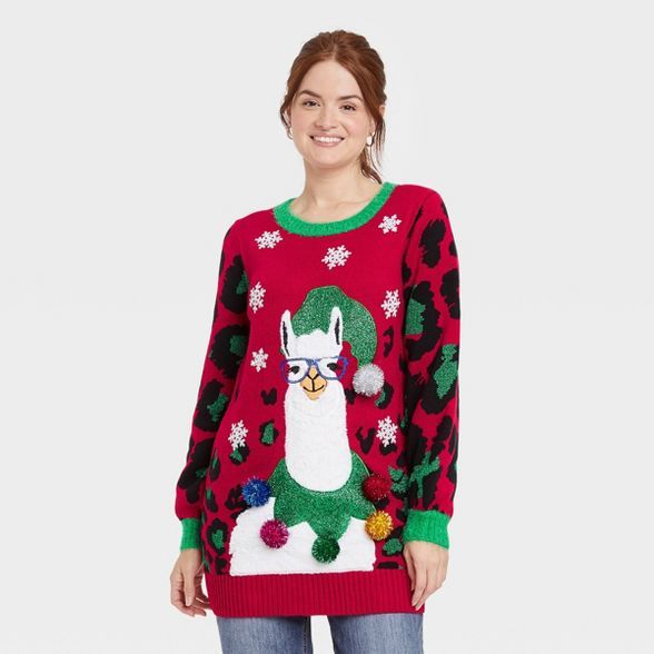 Women's Holiday Llama Graphic Sweater - Red Leopard Print | Target