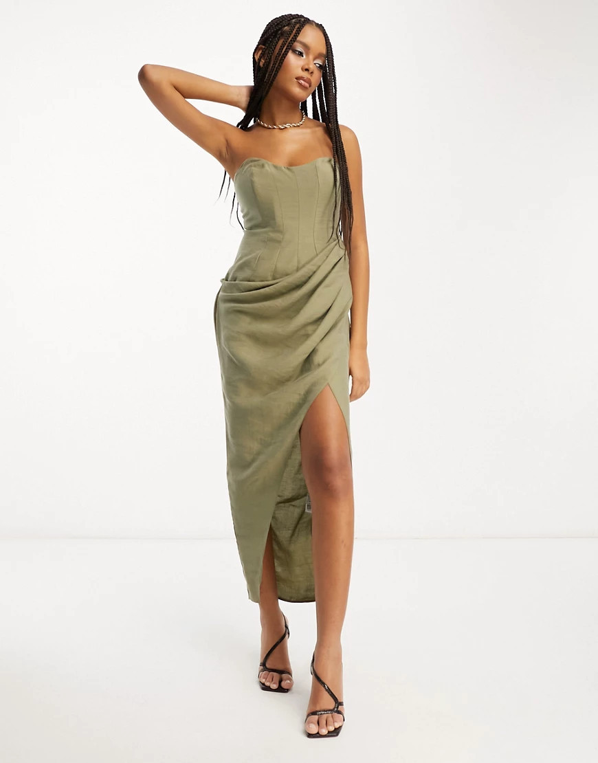 ASOS DESIGN corset bandeau midi dress in washed fabric with drape detail skirt in khaki-Green | ASOS (Global)