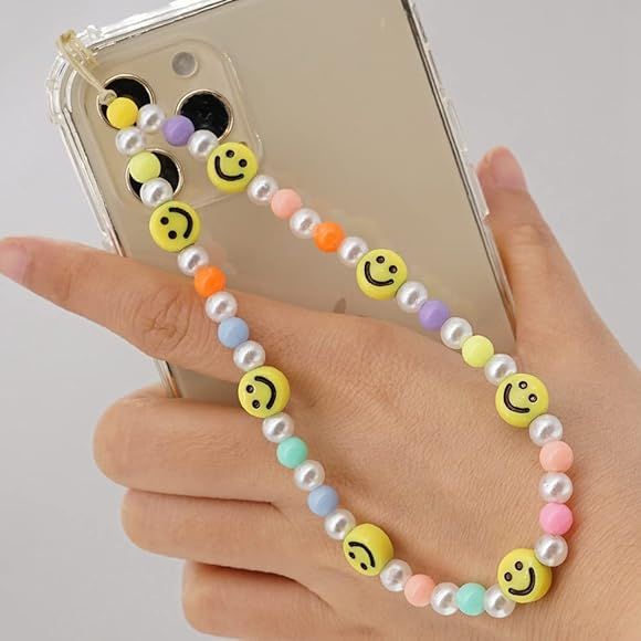 ISYSUII Beaded Mobile Phone Lanyard Wrist Strap, Colorful Smile Beads Chain Phone Charm Phone Ant... | Amazon (US)