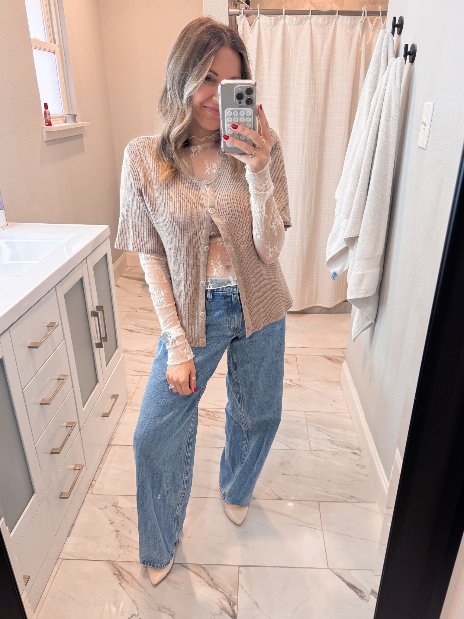 Small in sweater
TTS in jeans 

#LTKdayinmylife #LTKgrwm #LTKOver40