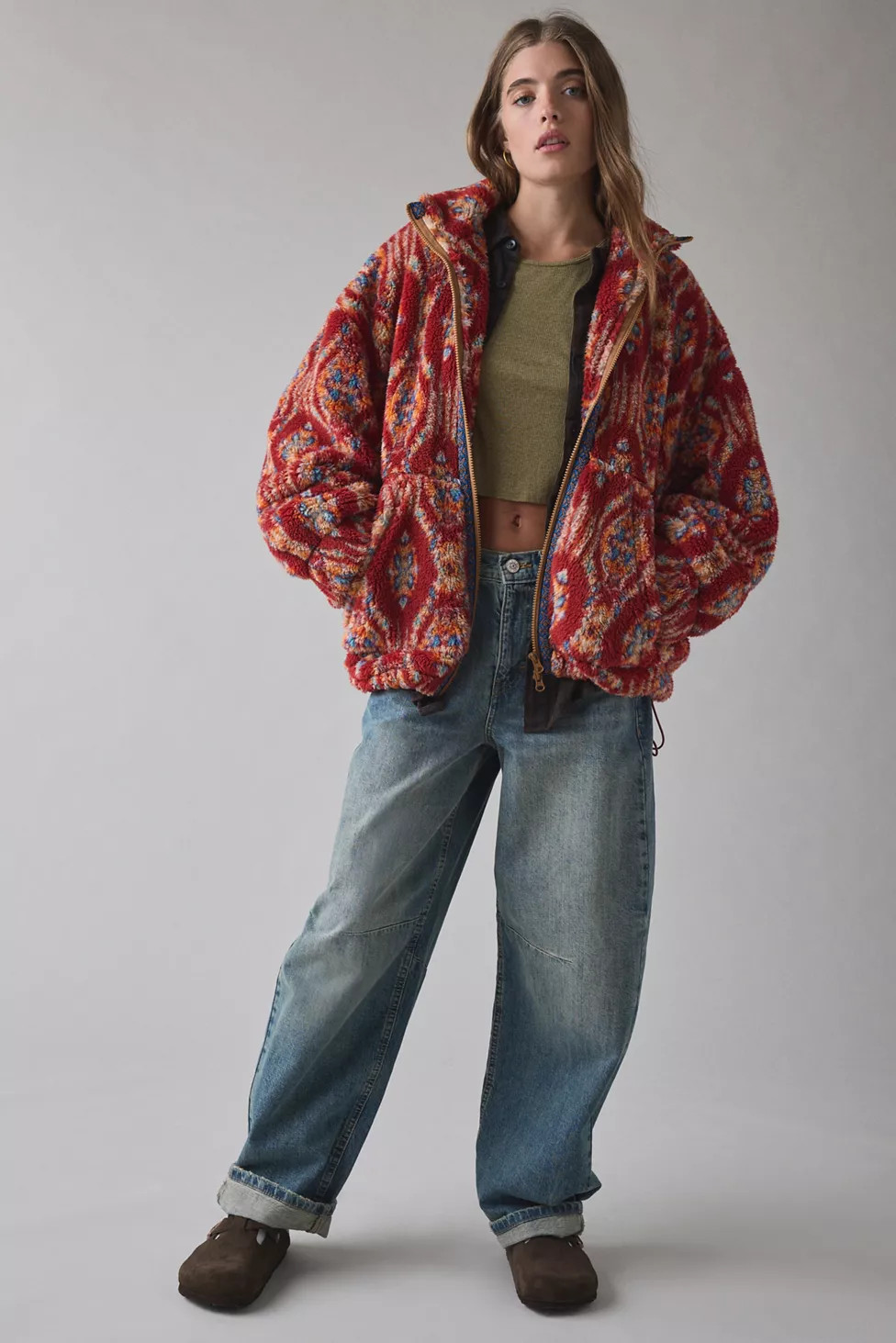 BDG Mae Printed Piled Fleece Zip-Up Jacket | Urban Outfitters (US and RoW)