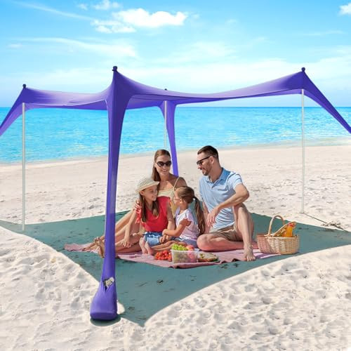 Beach Tent - 10 x 10 FT Beach Canopy, Outdoor Beach Shade Canopy for Beach Camping Picnics, Portable Beach Tent Sun Shelter UPF50 with 4 Sandbags, Ground Pegs,Anti-Wind Ropes, and Stability Poles | Amazon (US)