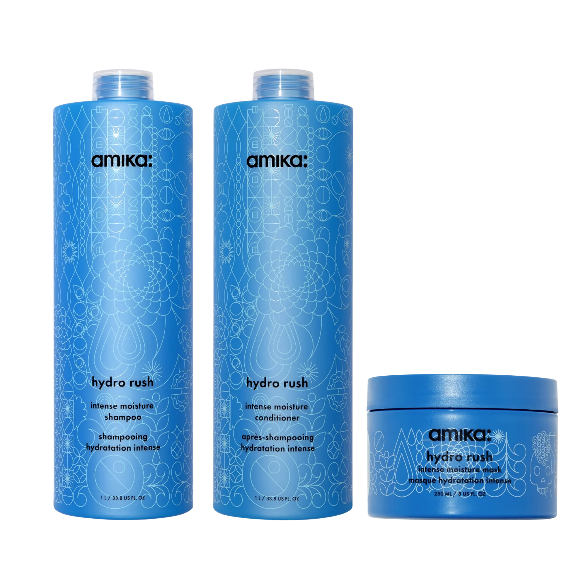 super-sized hydration set   hydro rush intense moisture shampoo, conditioner + hair mask with hya... | amika US