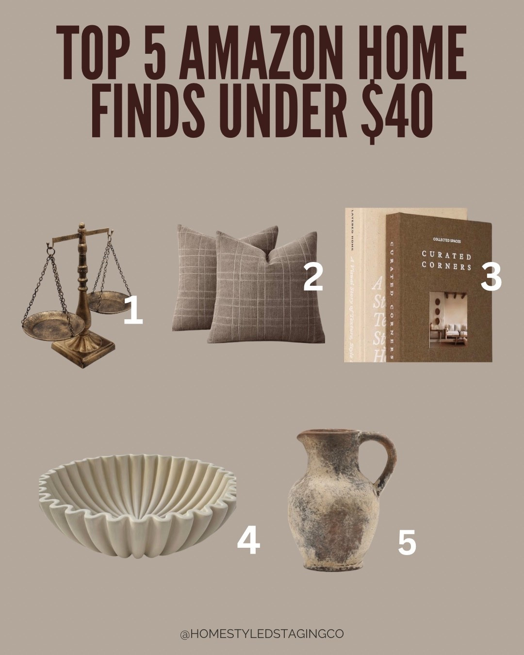 Top 5 Amazon home finds under $40 🤍

These are the kind of pieces I use all the time to make a space feel styled without spending a lot — perfect for coffee tables, shelves, consoles, and bedside styling.

Affordable, neutral, and easy to mix into any home.
Which one is your favorite? 👇

#LTKFindsUnder50 #LTKHome