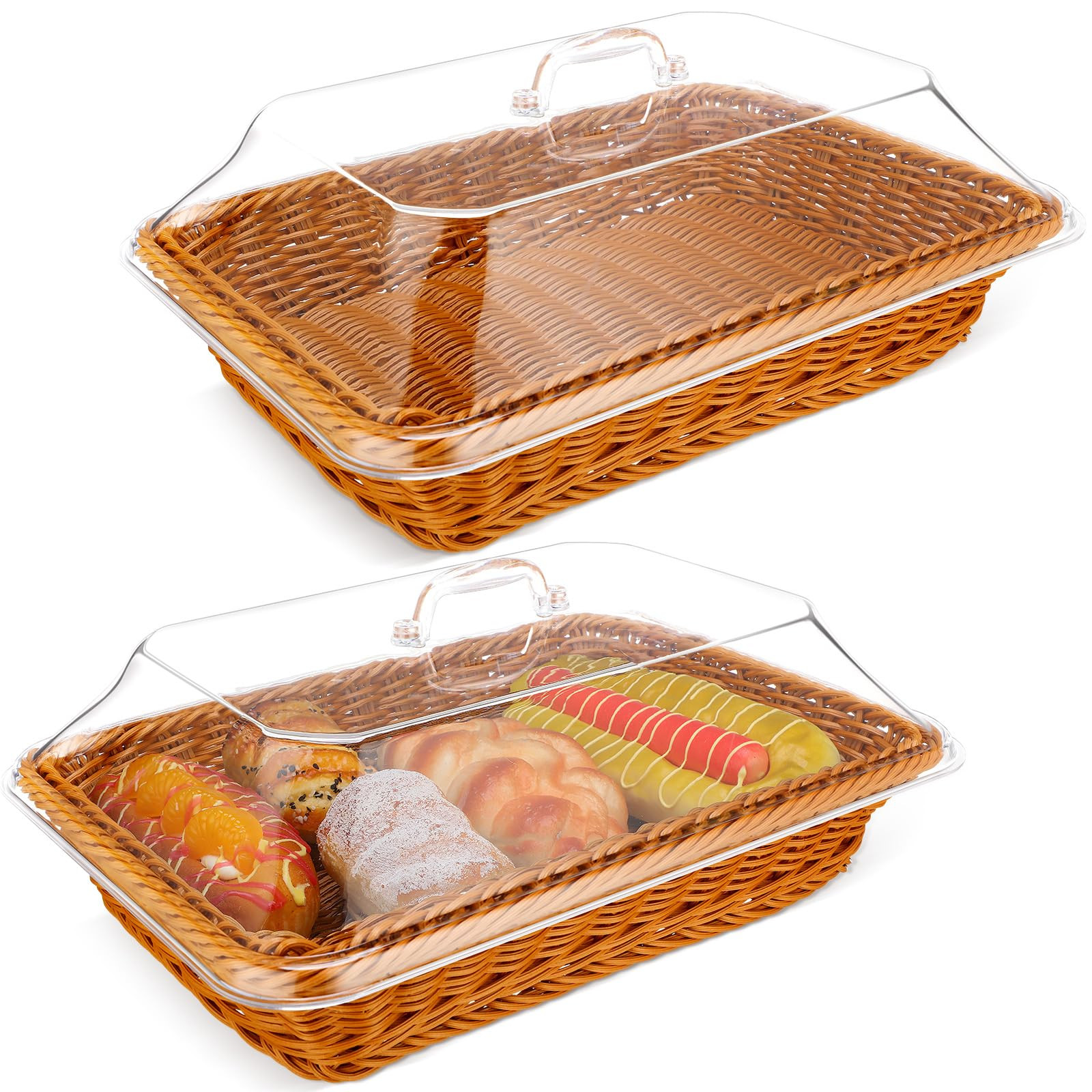 Mumufy 2 Pack Wicker Large Bread Basket for Serving with Acrylic Lid Woven Rectangular Imitation ... | Amazon (US)