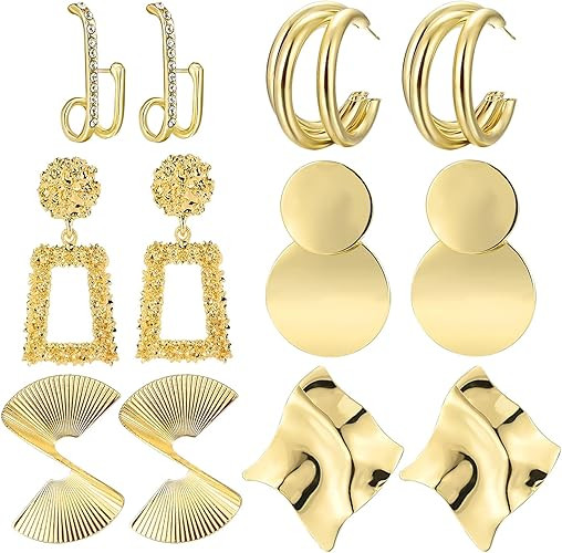 6 Pairs Gold Drop Dangle Earrings for Women Geometric Statement Earring Exaggerated Twisted Gold ... | Amazon (US)