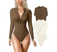 OQQ Women's 2 Piece Bodysuits Sexy Ribbed One Piece Zip Front Long Sleeve Tops Bodysuits | Amazon (US)