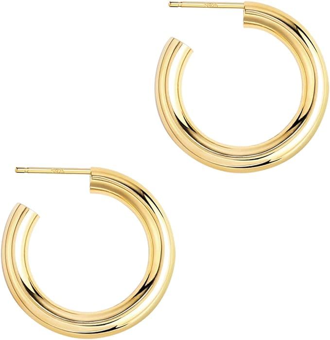 Lightweight Chunky Open Hoops | 14K Gold Plated 925 Sterling Silver Hoop Earrings for Women | Amazon (US)