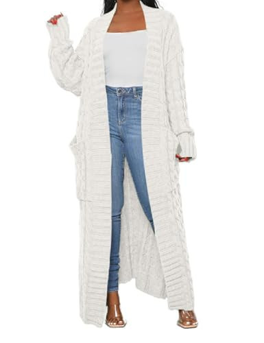 HRESSLBD Women Cable Knit Cardigan Long Sleeve Casual Open Front Duster Cardigan Sweater Coat, Chunky Cardigans Sweaters for Women Long Cable Knit (White, M) | Amazon (US)