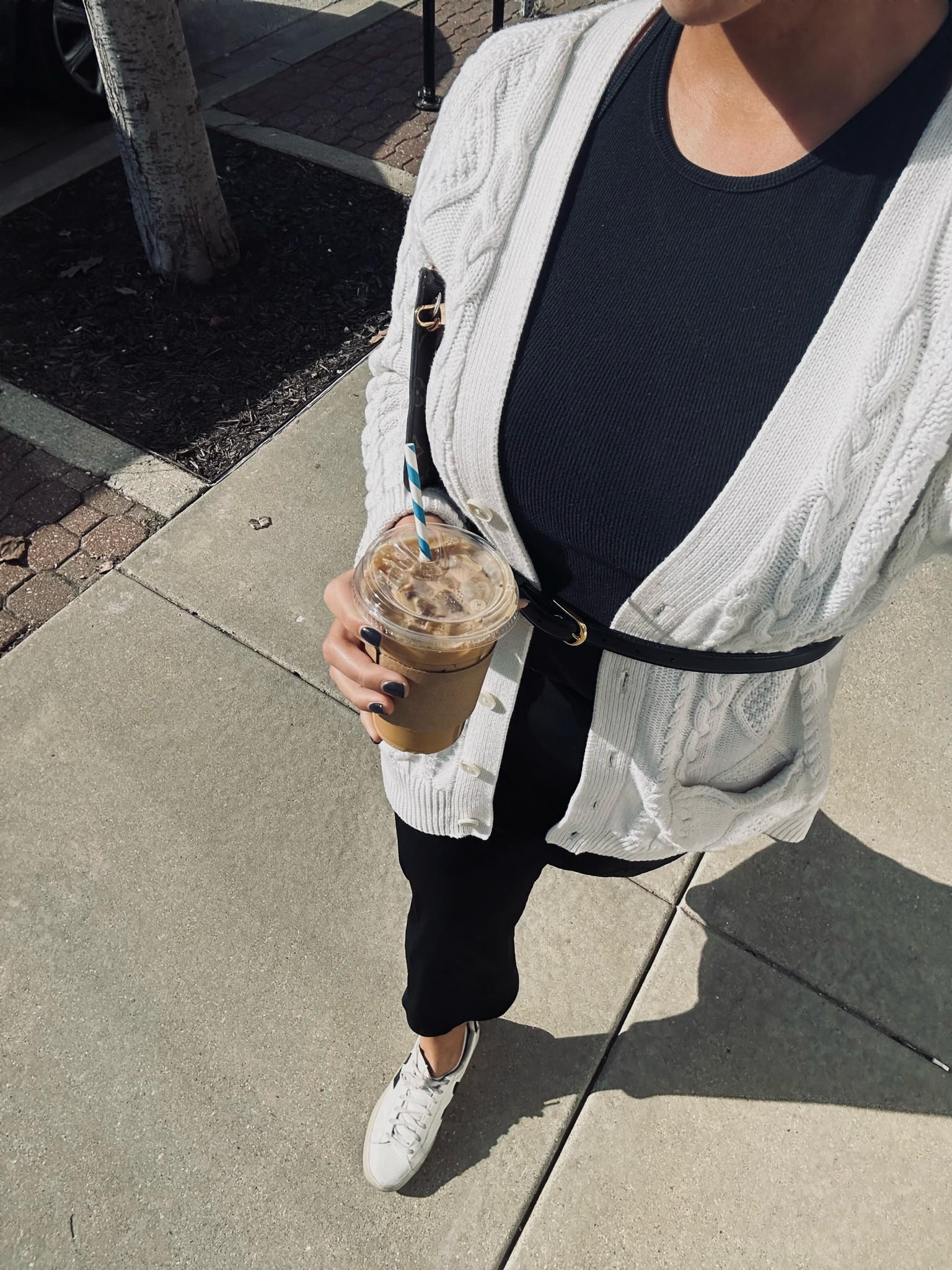 Casual spring outfit. #maxiskirt #blackbelt #cableknitsweater #chicstyle #ariztzia #sneakers 

#LTKstyletip