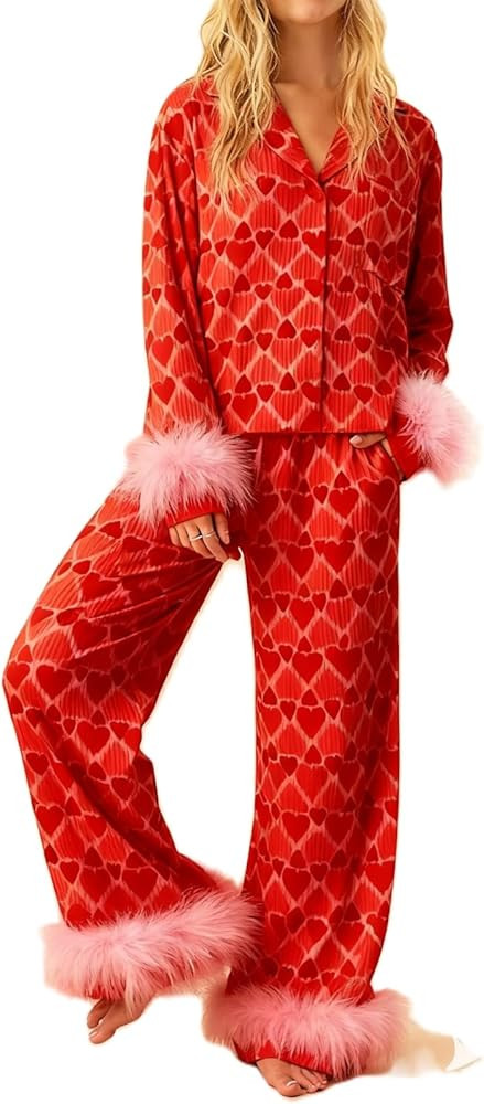 KMBANGI Women Y2k Pajamas Set Heart Print Silk Satin Pjs Feather Trim Long Sleeve Shirt Pants Lou... | Amazon (US)