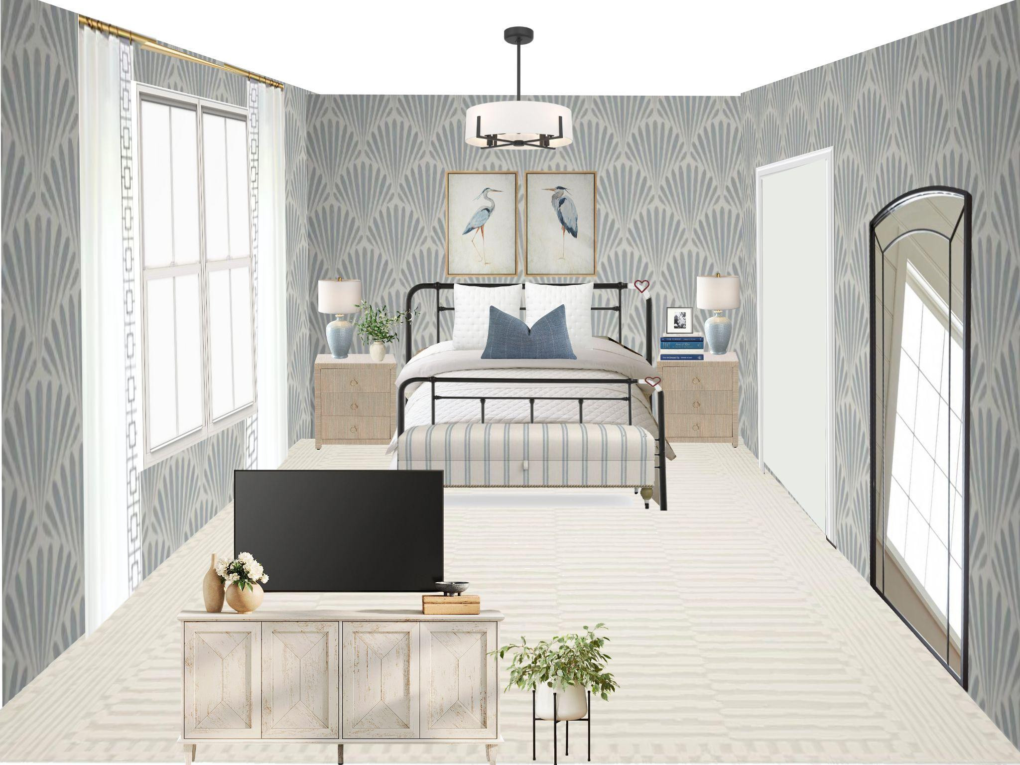 Bedroom design inspo! I love how the wallpaper adds just enough pattern and interest without overwhelming the space. The soft blues and neutrals keep it feeling calm, airy, and really timeless. 

 #LTKHome #LTKSaleAlert