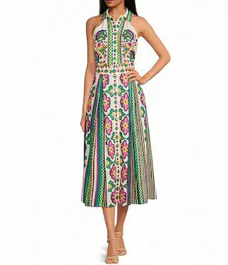 Leena Floral Print Collared Halter Neck Belted Sleeveless A-Line Crepe Maxi Dress | Dillard's