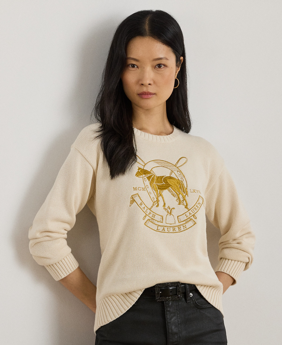 Lauren Ralph Lauren Petite Embroidered Crewneck Sweater - Mascarpone Cream | Macy's