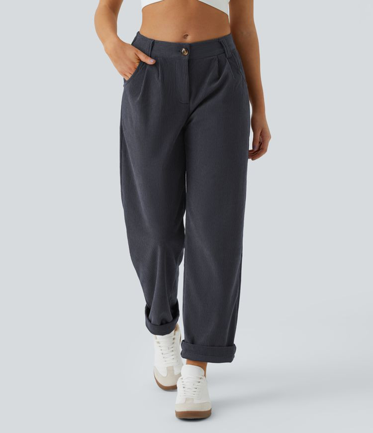 Women’s Mid Rise Button Zipper Side Pocket Corduroy Casual Pants - Halara | HALARA