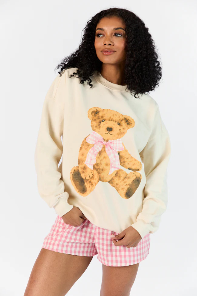 Vintage Teddy Bear Gingham Bow Cream Oversized Graphic Sweatshirt | Pink Lily