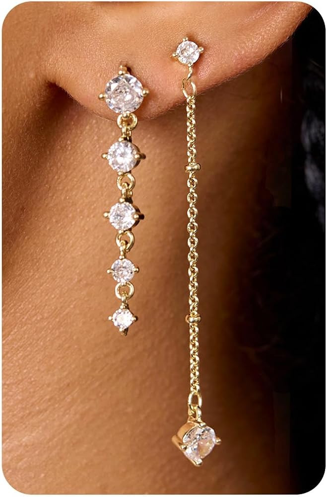 2 Pairs Dangle Earring Stacks, 14K Gold Plated Chain Bow Leaf Cubic Zirconia Dangling Drop Dainty... | Amazon (US)